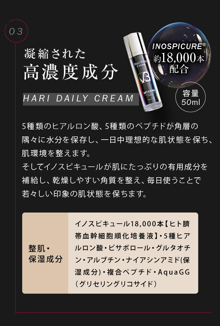 03.凝縮された高濃度成分Hari Daily Cream