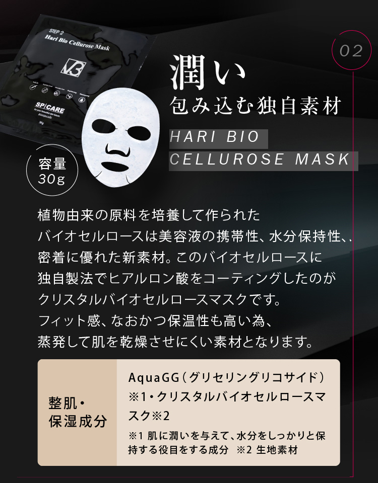 02.潤い包み込む独自素材Hari Bio Cellurose Mask